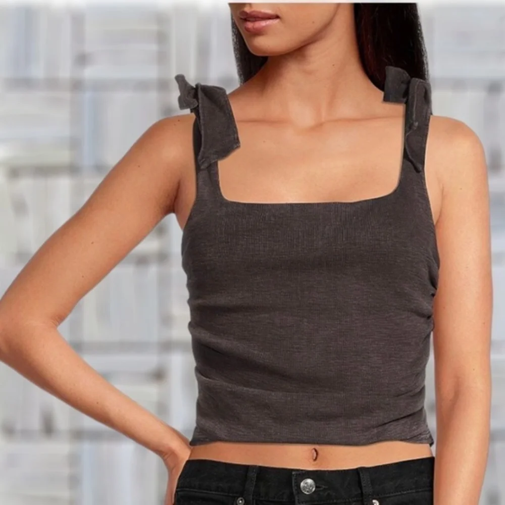 FREE PEOPLE Boulevard Tie-Strap Ruched Sides Tank Top-Black NWT/LG - Picture 3 of 11